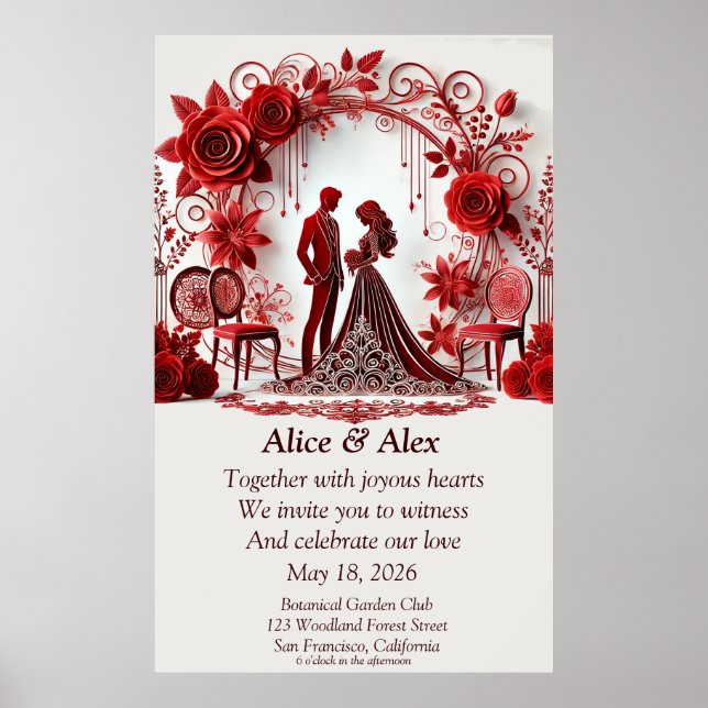 Affiche Illustration Élégante De Mariage Rouge Avec Design (Devant)