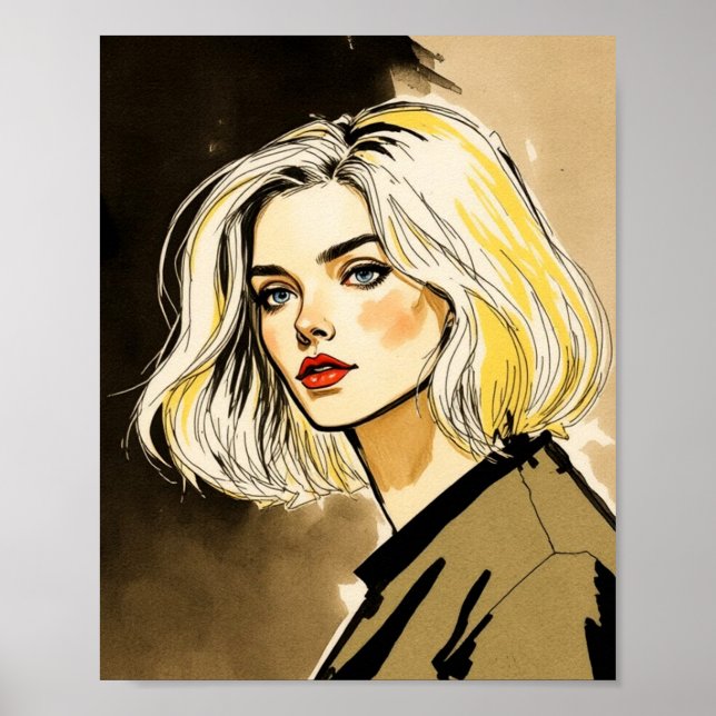 Affiche Illustration élégante du portrait à blonde (Devant)
