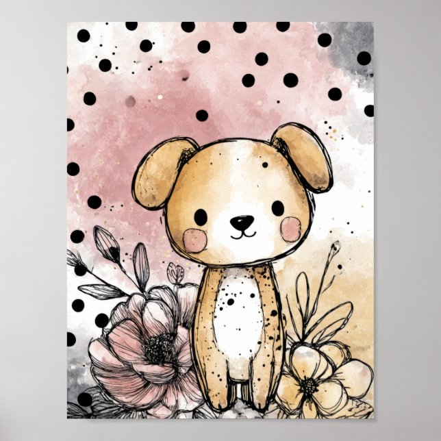 Affiche Illustration fantaisiste de chiot floral à l'aquar (Devant)