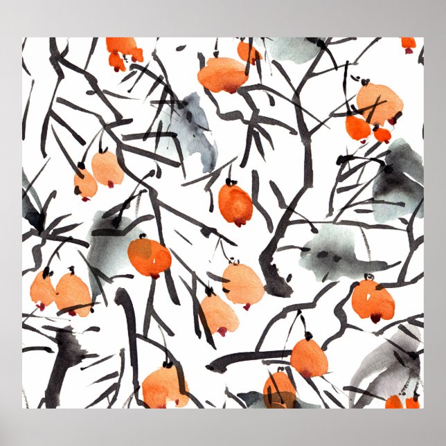 Affiche Illustration Feuille des baies d'encre d'aquarelle (Devant)