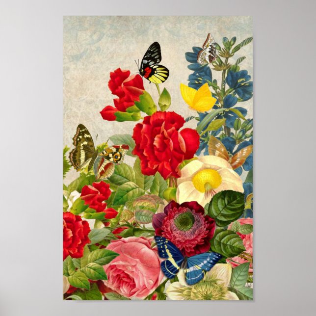 Affiche Illustration Fleurs vintages/Papillons (Devant)