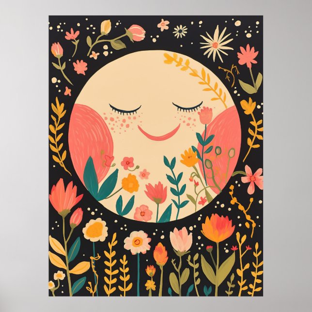 Affiche Illustration florale bohème de nuit de lune mignon (Devant)