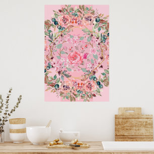 Affiche Illustration florale, Couronne florale rose