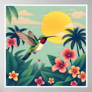 Affiche Illustration florale de colibri à gorge rubis