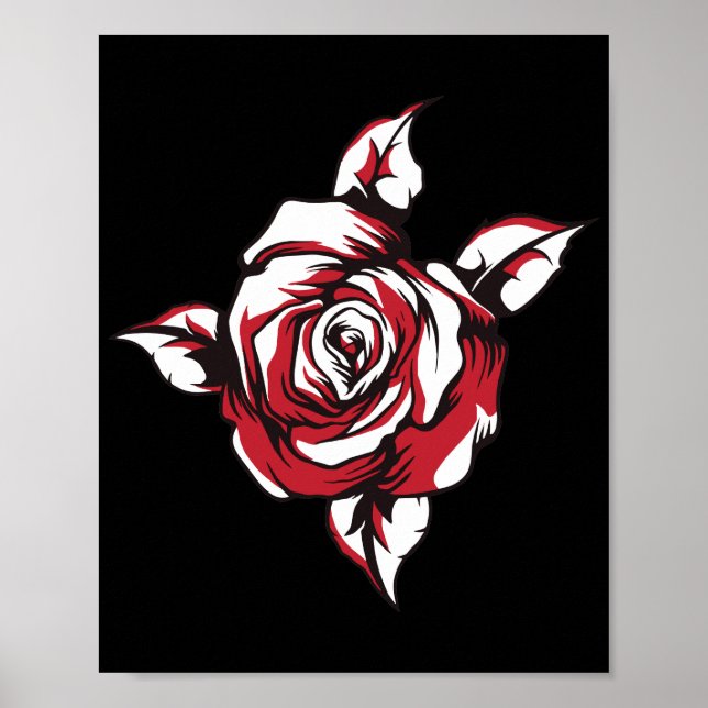 Affiche Illustration florale de rose rouge sur fond noir (Devant)