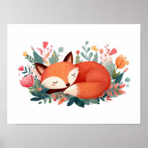 Affiche Illustration Florale Renard Endormi Mignonne