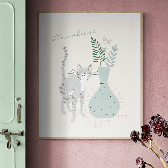 Affiche Illustration florale sarcelle de chat gris élégant (Créateur téléchargé)