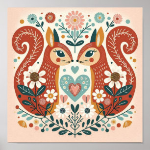 Affiche illustration folk art motif « écureuils »