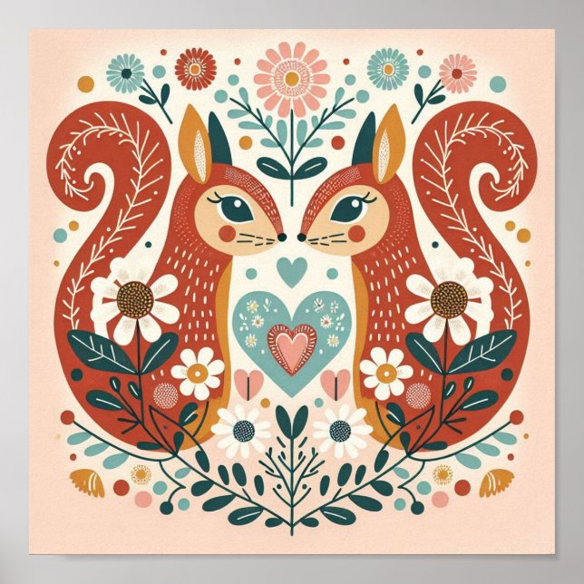 Affiche illustration folk art motif « écureuils » (Devant)