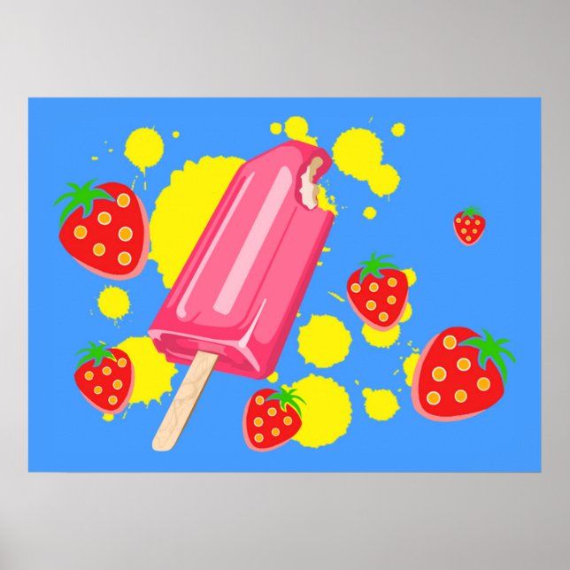 Affiche Illustration Fun Pink Popsicle and Strawberries (Devant)