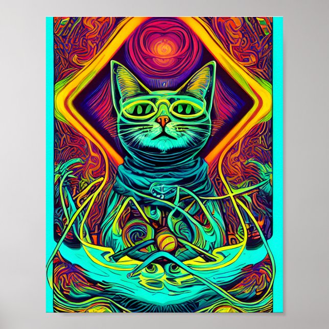 Affiche Illustration hypnotique d'un chat coloré (Devant)