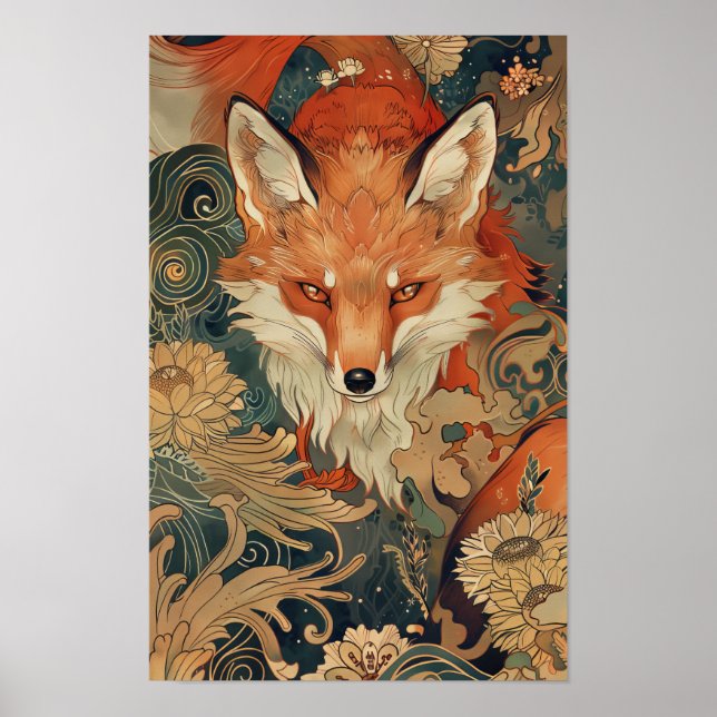 Affiche Illustration Kitsune de renard japonais dans Mucha (Devant)
