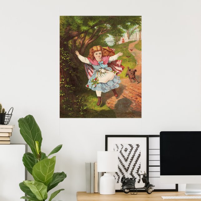 Affiche Illustration lithographique d'une petite fille et  (Bureau à domicile)