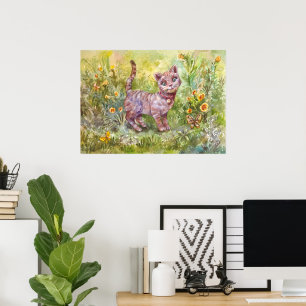 Affiche Illustration Mignon Chatons Jardin Papillon Fleurs