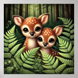 Affiche Illustration Mignonne de Faon de Cerf des Bois – B