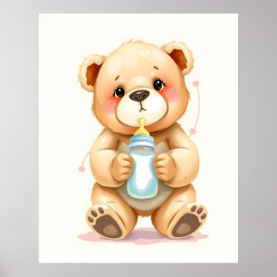 Affiche Illustration mignonne d'un ourson en aquarelle