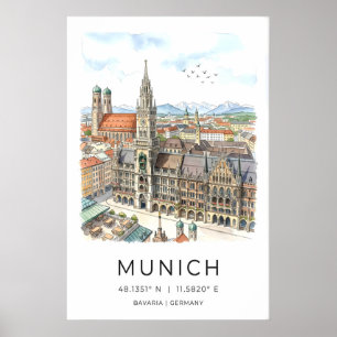 Affiche Illustration murale de la skyline de Munich - Illu