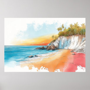 Affiche Illustration Plage Plage Seacoast Dessin couleur P