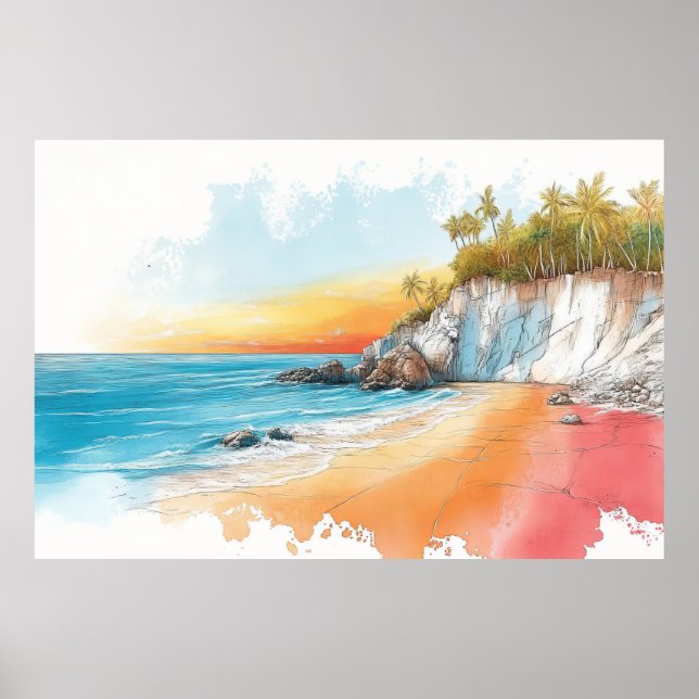 Affiche Illustration Plage Plage Seacoast Dessin couleur P (Devant)