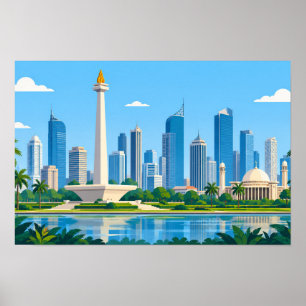 Affiche Illustration plate de la skyline de Jakarta Monas