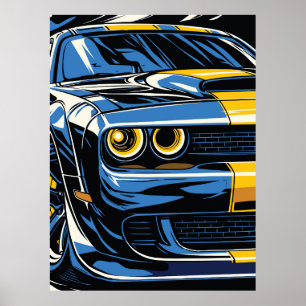Affiche Illustration Pop Art d'une Muscle Car rétro bleue