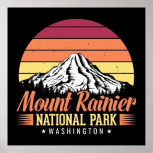 Affiche Illustration Rétro Coucher de Soleil Mont Rainier