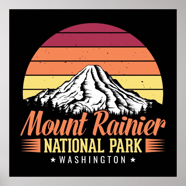 Affiche Illustration Rétro Coucher de Soleil Mont Rainier  (Devant)