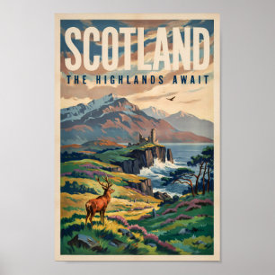 Affiche Illustration Rétro de Cerf des Highlands Écossais