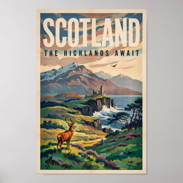 Affiche Illustration Rétro de Cerf des Highlands Écossais (Devant)