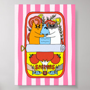 Affiche Illustration Rétro de Chat Sardine Rose Cuisine