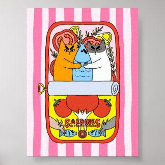 Affiche Illustration Rétro de Chat Sardine Rose Cuisine