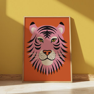 Affiche Illustration Rétro de Grand Chat Tigre Rose et Ora