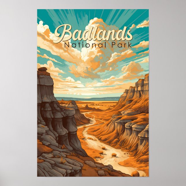 Affiche Illustration Rétro du Parc National de Badlands (Devant)