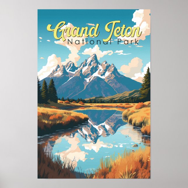 Affiche Illustration rétro du parc national de Grand Teton (Devant)