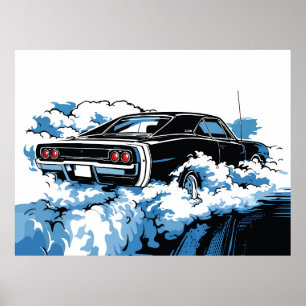 Affiche Illustration rétro pop art d'une muscle car noire