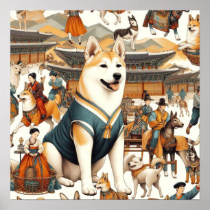 Affiche Illustration sans couture du chien Jindo vintage c