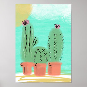 Affiche Illustration Scénique de Cactus en Pots au Soleil