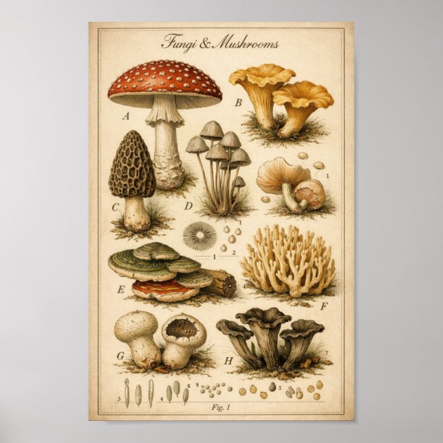 Affiche Illustration Scientifique de Champignons Anciens (Devant)
