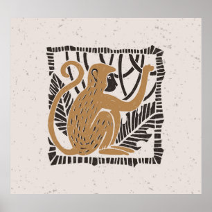Affiche Illustration Stylisée Linocut Singe