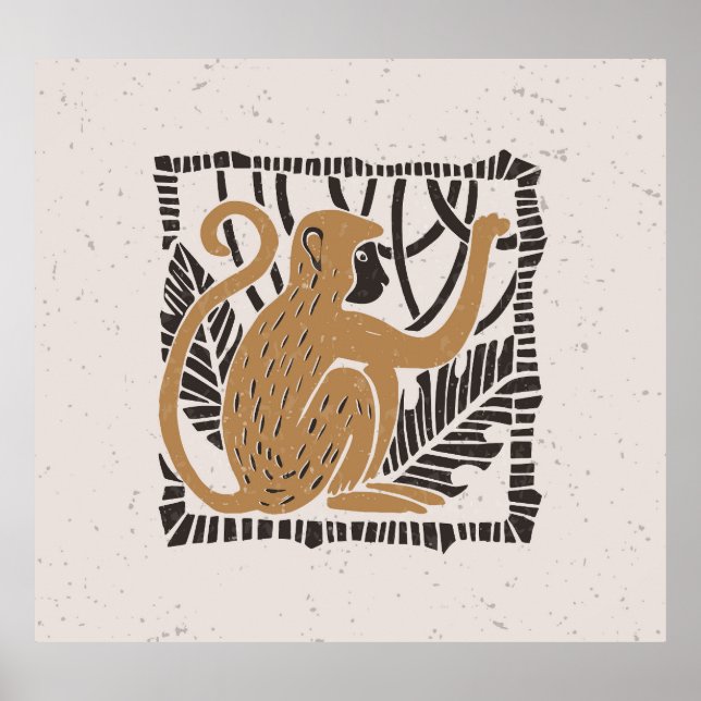 Affiche Illustration Stylisée Linocut Singe (Devant)