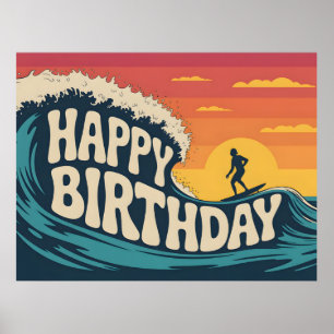 Affiche Illustration sur le thème rétro surf "Joyeux Anniv