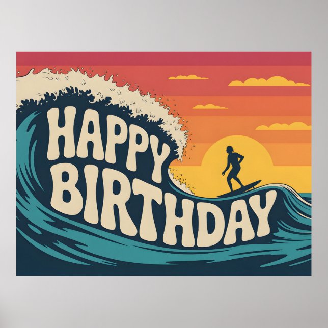 Affiche Illustration sur le thème rétro surf "Joyeux Anniv (Devant)