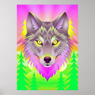 Affiche Illustration vibrante du loup avec les arbres Abst