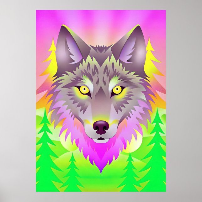 Affiche Illustration vibrante du loup avec les arbres Abst (Devant)