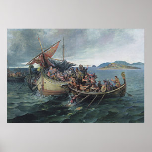 Affiche Illustration vintage de bataille navale de Viking