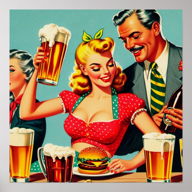 Affiche Illustration vintage de bière et de hamburger (Devant)