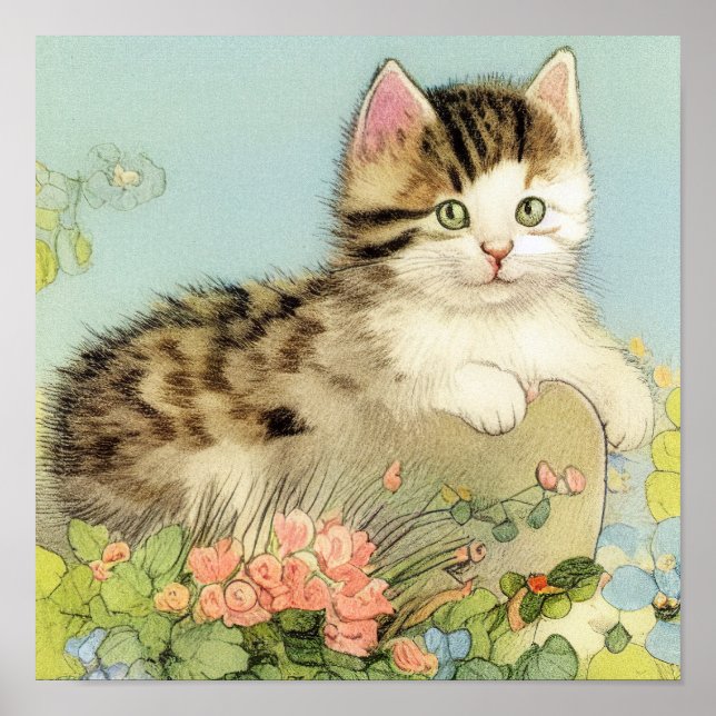 Affiche Illustration vintage de chat avec fleurs roses (Devant)