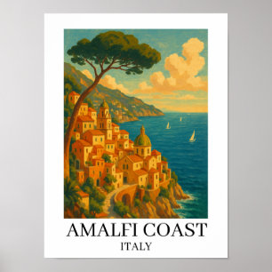 Affiche Illustration vintage de la côte d'Amalfi en Italie