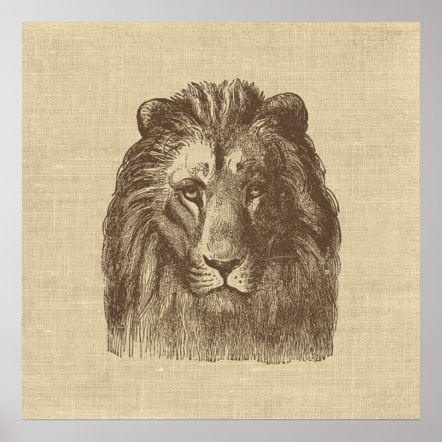 Affiche Illustration vintage de Lion sur Burlap (Devant)