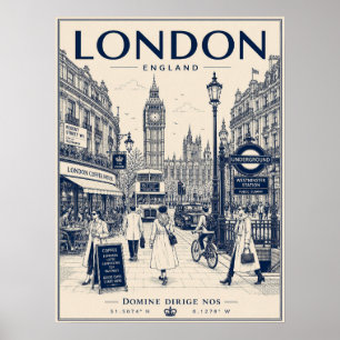 Affiche Illustration vintage de Londres avec Big Ben et bu